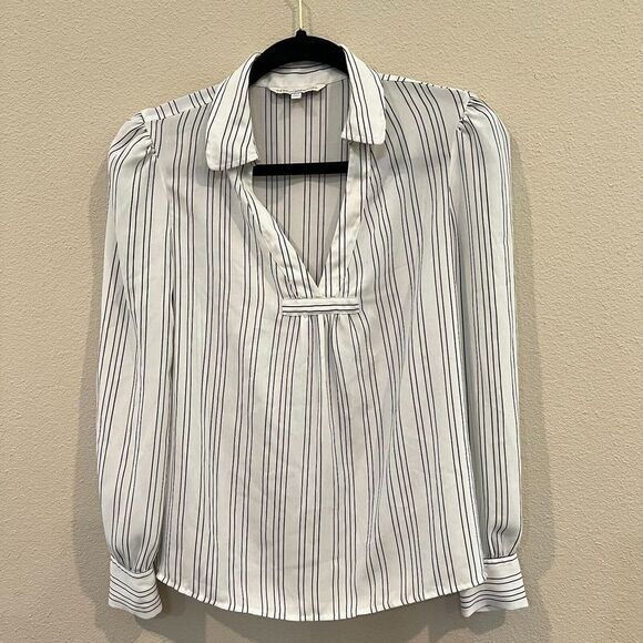 Rebecca Minkoff Womens Blouse Simon‎ Size XXS Striped Blouse White V Neck - Picture 1 of 4